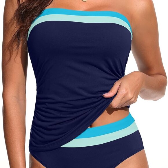Transformative Bandeau Tankini Swimsuit - Comfort & Style in Navy Color Block - Picture 1 of 6